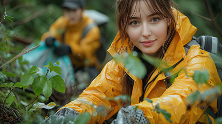 Environmental volunteers together clean up the forest from the plastic bottlesの素材
