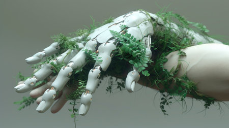 Woman and robot hands with plants which grows from the robot hand, ecological conceptの素材