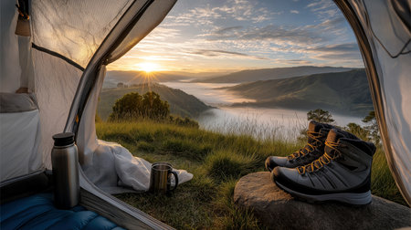 Sunrise camping in misty mountains with hiking gear and scenic view from tent.の素材