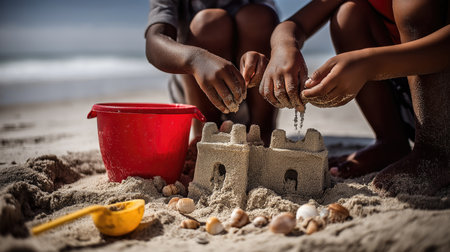 Children building sandcastle on sunny beach with red bucket and shells.の素材