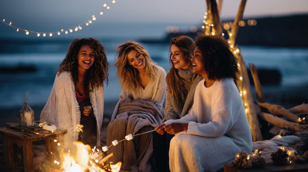 Young diverse females enjoying beach bonfire with marshmallows and string lights.の素材