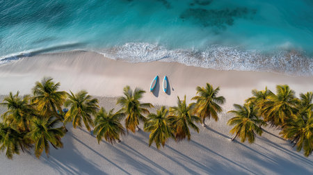 Aerial view of tropical beach with palm trees and two blue kayaks on sandy shoreline.の素材