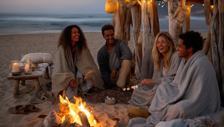 Diverse group enjoying beach bonfire at sunset with smiles and relaxation.の素材