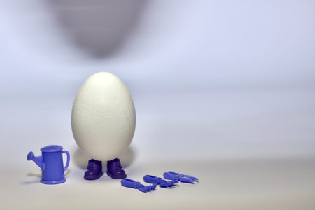 The humanized egg in the shoes stands with a working garden equipment of purple color on the left.