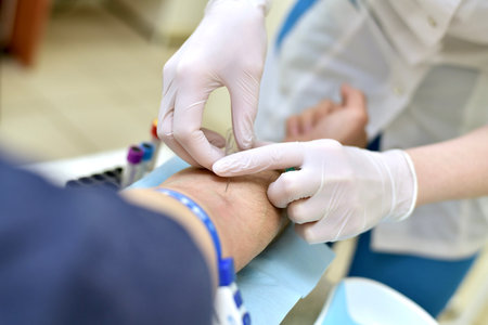 The treatment nurse collects venous blood at the elbow of the patient arm. Puncture step of skin and...