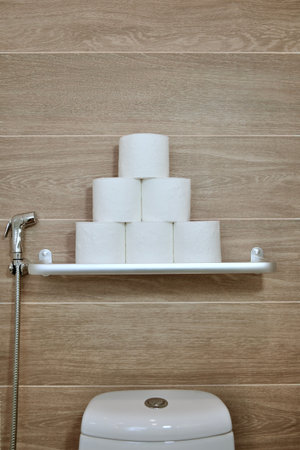 Fragment of the dressing room with a washing barrel and a wall above it. A hygienic shower shelf with rolls of toilet paper. の写真素材
