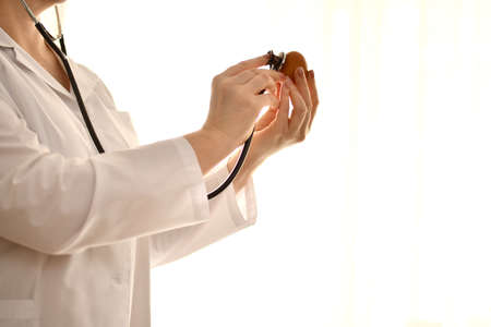 Doctor a woman in a white robe with a stethoscope carefully listens to the heartbeat of a chicken egg through the shell.の写真素材