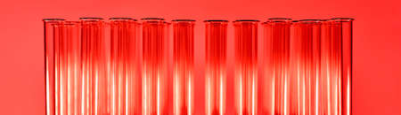 Red banner with glowing bright glass test tubes in several rows. Detail of the top with a neckline. They shimmer with shades of monochrome. Second stage of vaccination.の写真素材