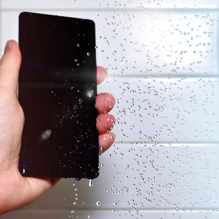 Mobile phone in hand under frozen drops water against the background of white tile. Washing a waterproof smartphone with a black display. Closeup of the gadget in the palm.の写真素材