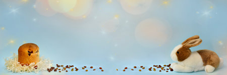 Rabbit found a fresh baked Easter cake with raisins on the path of berries. Cheerful banner on a...