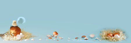 Banner blue, a funny story of the birth of chicks chickens. Nest with eggs, Easter cake with willow...