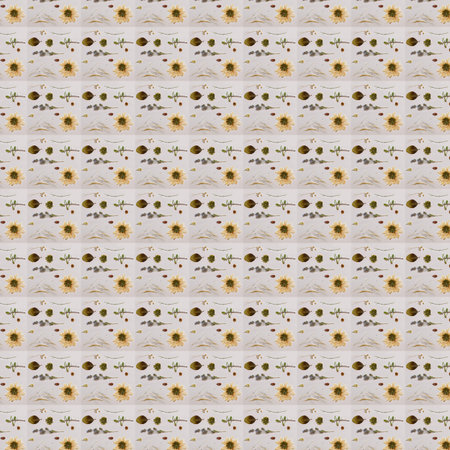 A seamless pattern of geometric natural layout of plants and flowers. Small elements in repetitive...