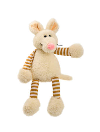 Plush mouse sits and shows paw. Isolated on white background.の写真素材