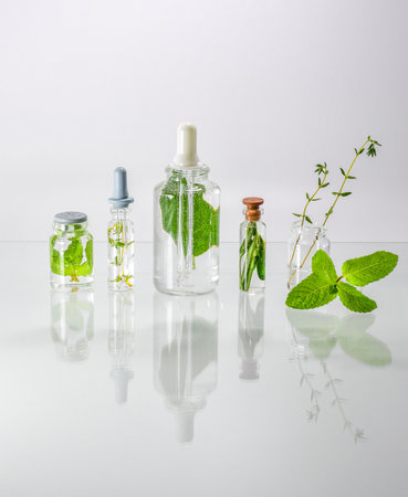 Different pharmacy cans bottles and bottles with medicinal spicy herbs.の写真素材