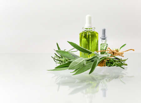 Two glass bottles with pipette dispensers. Medicinal herbs. Sage and rosemary.の写真素材