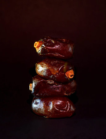 Dates built by a pyramid. Delicious on a black background.