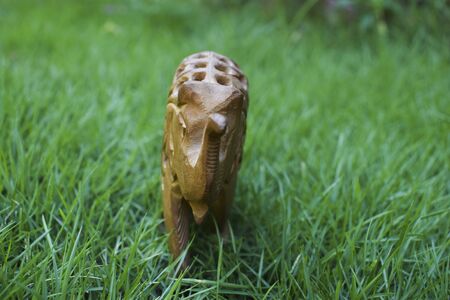 Front view of carved wooden elephant with baby elephant made inside of kadam wood with intricate carving, Handcrafted by artisans of Rajastan in India on Outdoor background of green grass.の写真素材