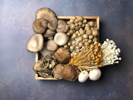 Many kinds of mushrooms in a wooden bowl.の写真素材