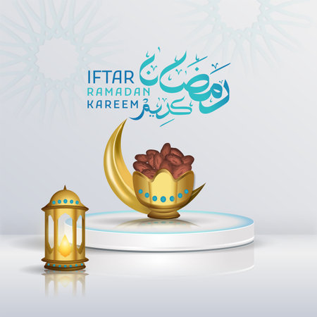 Iftar ramadan kareem greeting with calligraphic text, 3D illustration of date palm, crescent moon and lantern. Can be used for greeting cards, invitations and advertisements.のイラスト素材