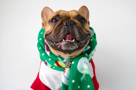 Fawn French bulldog in Christmas clothing, smiling of happinessの写真素材