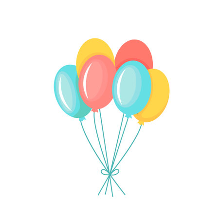 Balloon in cartoon style. Bunch of balloons for birthday and party. Flying ballon with rope. Blue, red and yellow ball isolated on white background. Flat icon for celebrate and carのイラスト素材