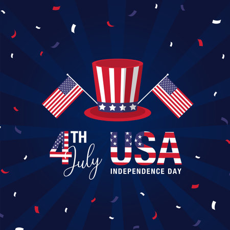 Vector flat 4th of July illustration with hat and confettiのイラスト素材