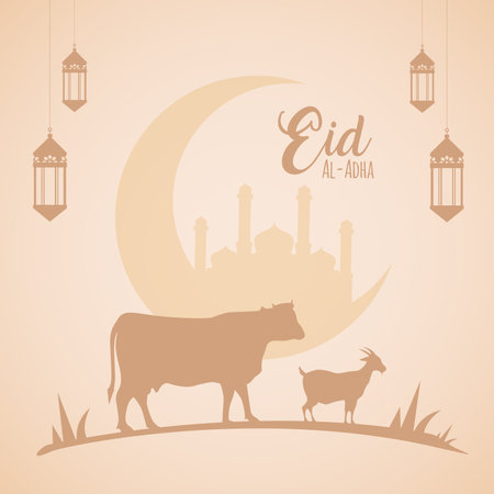 Vector Eid al Adha background with goat and cow silhouetteのイラスト素材