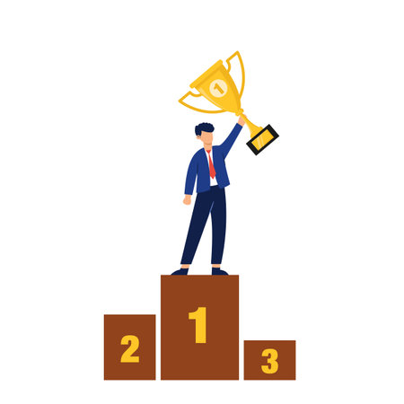 Vector success businessman character standing at a podium with holding up a trophy.のイラスト素材
