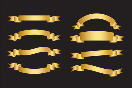 Vector illustration set of golden ribbons collection in different shapes. Perfect for name tag and celebration event.のイラスト素材