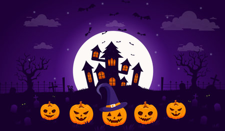 Vector Halloween illustration with a silhouette of a castle at glowing moon and dead trees near the cemetery crosses flatのイラスト素材