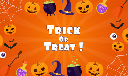 Trick or treat Halloween greeting card with pumpkins on orange backgroundのイラスト素材