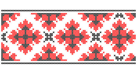 Vector seamless cross-stitched old ornament Ukraine. Embroidered good like old handmade cross-stitch ethnic Ukraine pattern. Ukrainian towel with ornament, rushnyk called, in vector.のイラスト素材
