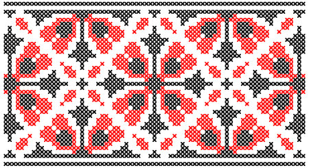 Vector seamless cross-stitched old ornament Ukraine. Embroidered good like old handmade cross-stitch ethnic Ukraine pattern. Ukrainian towel with ornament, rushnyk called, in vector.のイラスト素材