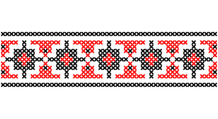 Ukrainian, folk art vector seamless pattern, retro monochrome long cross-stitch ornament inpired by folk art - Vyshyvanka. Slavic traditional black and white ornament from Eastern Europeのイラスト素材