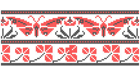 Ukrainian, folk art vector seamless pattern, retro monochrome long cross-stitch ornament inpired by folk art - Vyshyvanka. Slavic traditional black and white ornament from Eastern Europeのイラスト素材