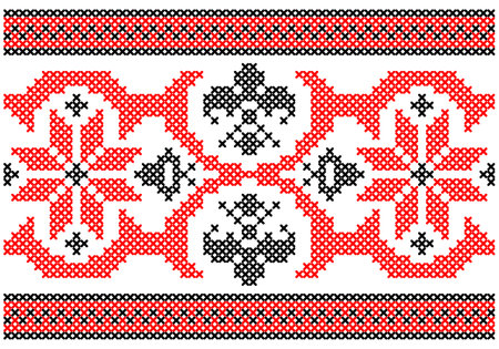 Ukrainian, folk art vector seamless pattern, retro monochrome long cross-stitch ornament inpired by folk art - Vyshyvanka. Slavic traditional black and white ornament from Eastern Europeのイラスト素材