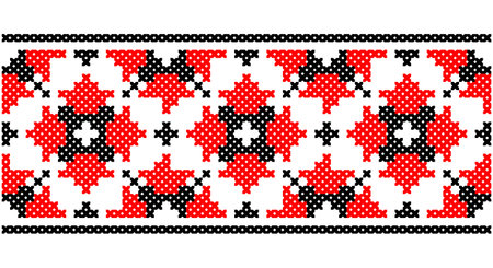 Seamless traditional Ukraine pattern Slavic ornament embroidered cross-stitch. Red black and white.のイラスト素材