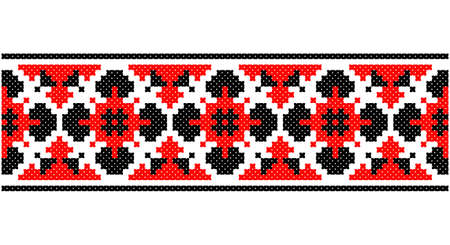 Seamless traditional Slavic ornament embroidered cross-stitch.Red black and white.のイラスト素材