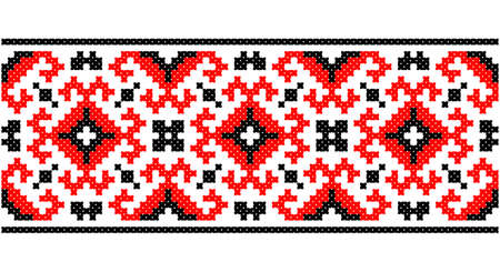 Seamless traditional Slavic ornament embroidered cross-stitch.Red black and white.のイラスト素材