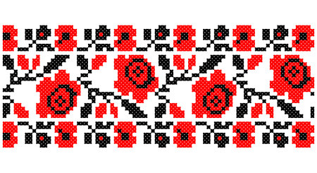 Embroidered good like old handmade cross-stitch ethnic Ukraine pattern. Ukrainian towel ornament, rushnyk called, vector.のイラスト素材