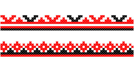Embroidered good like old handmade cross-stitch ethnic Ukraine pattern. Ukrainian towel ornament, rushnyk called, vector.のイラスト素材