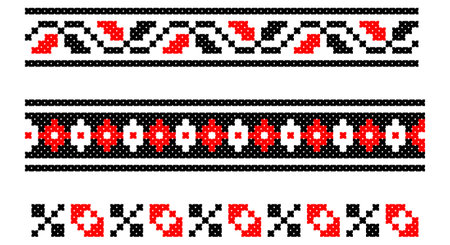 Embroidered good like old handmade cross-stitch ethnic Ukraine pattern. Ukrainian towel ornament, rushnyk called, vector.のイラスト素材