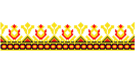 Embroidered good like old handmade cross-stitch ethnic Ukraine pattern. Ukrainian towel ornament, rushnyk called, vector.のイラスト素材