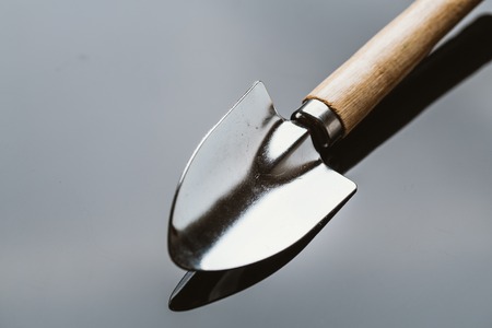 shovel for planting on a dark mirror background.の写真素材
