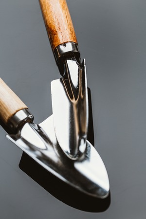 two shovel for planting on a dark mirror background.の写真素材