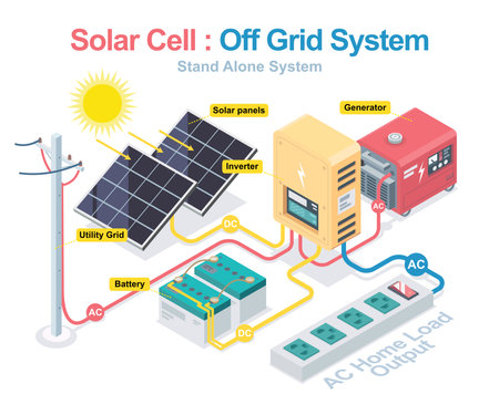 solar cell system with hybrid inverter isometric designedのイラスト素材