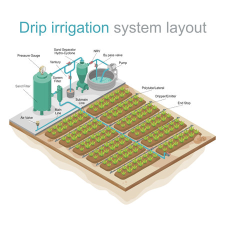 drip irrigation system layout isometricのイラスト素材