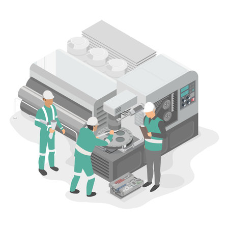 mechanical engineer setting machine factory layout isometricのイラスト素材