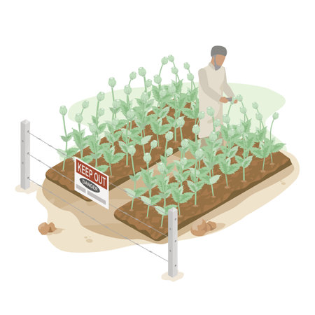 opium poppy farming for making Morphine and isometric cartoonのイラスト素材