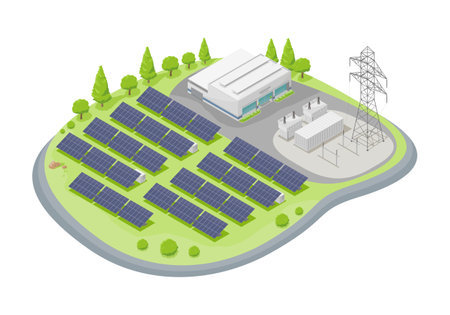 solar farm power plant concept with solar cell green energy ecology powerhouse electricity in nature isometric vector isolatedのイラスト素材